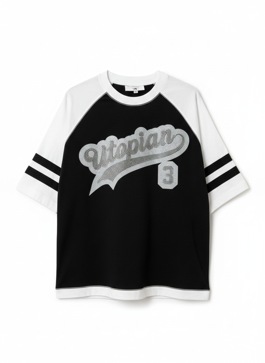 “REVERSE” UTOPIAN RHINESTONE BASEBALL TEE