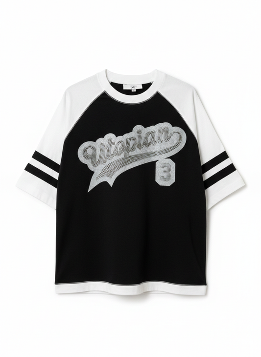 “REVERSE” UTOPIAN RHINESTONE BASEBALL TEE