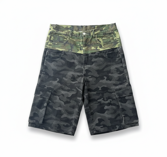 “DUSK” MULTI-CAMO DOUBLE-POCKET CARGO SHORTS